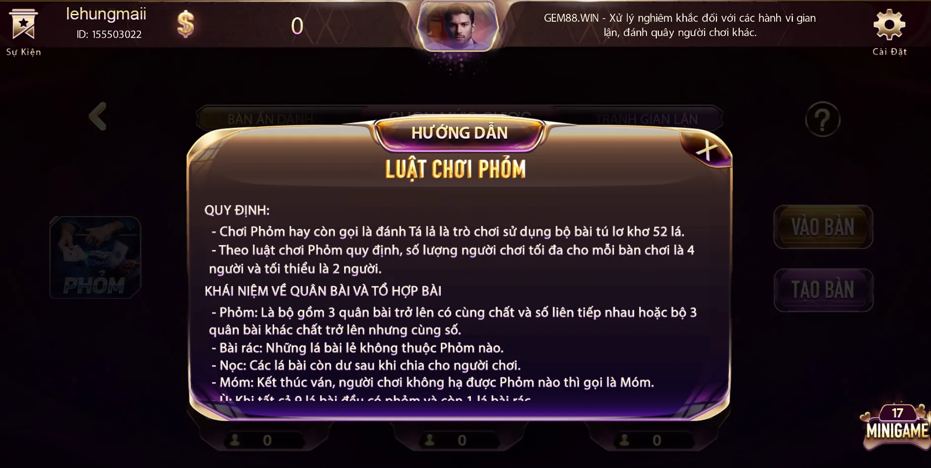 Luật chơi phỏm trên Gem win khá dễ hiểu